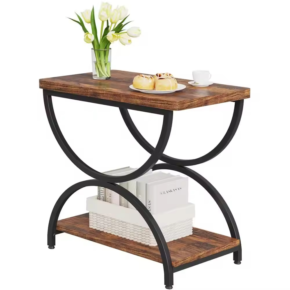 Factory Custom 23.62in Rustic Brown & Black Rectangle Wood End Side Accent Table with Stylish 2-Tier Metal Frame for Dining