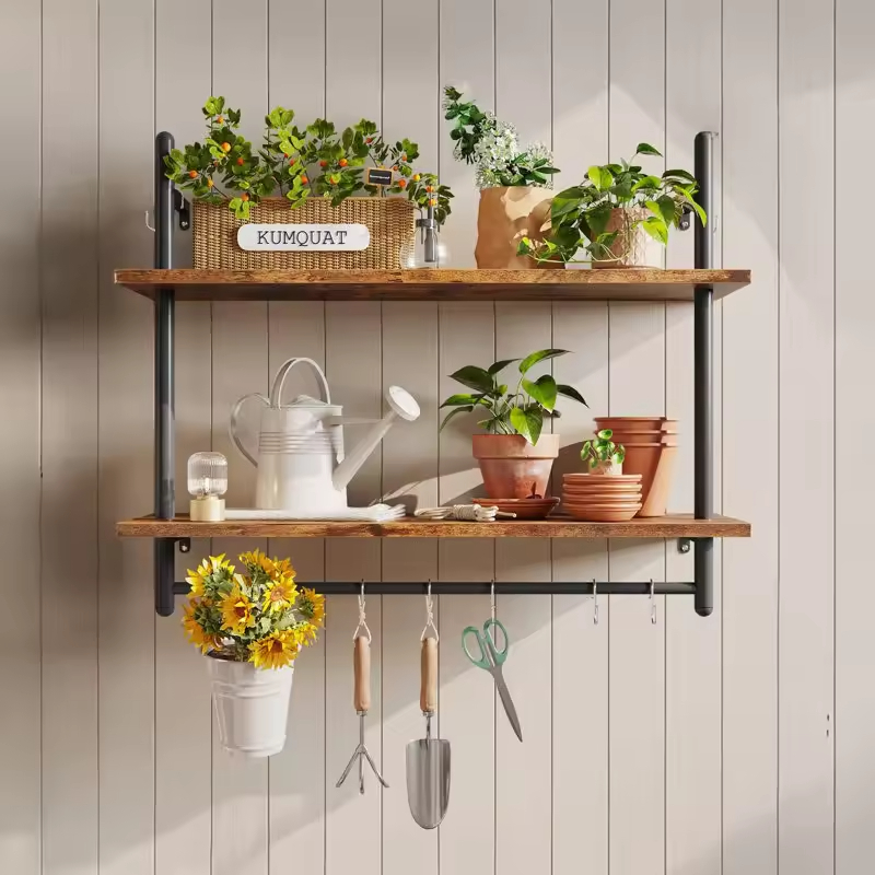 OEM&ODM Wall Mounted 3 Tier Ladder Coffee Bar Shelf Hanging Floating Pipe Shelving Kitchen Shelves