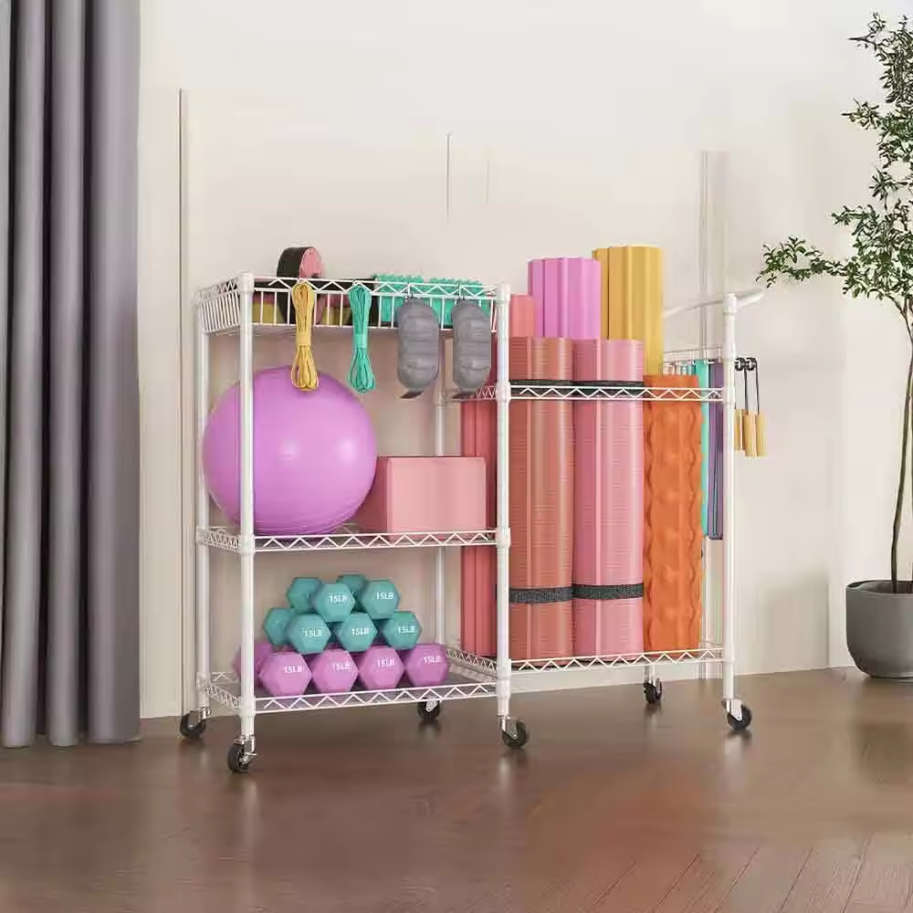 Wall-Mounted Tool Organizer with Storage Shelves Metal Construction Hooks & Wheels for Garage or Home Workshop