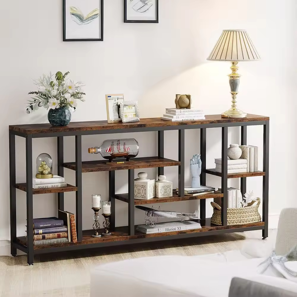 OEM&ODM 70.9 In. Brown 35.8 In. Height Rectangle Wood & Metal Rotating Console Table for Sofa with 3 Shelves Wardrobe Storage