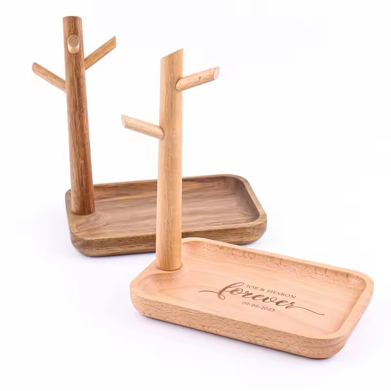 Wooden Jewelry Display Tray Stand with Bamboo Exhibition Display Stand Engraved Desktop Shelf Tree for Porch Storage