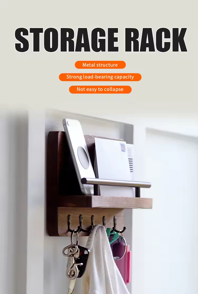 Wall Mounted Mail Bill Rack Woodenkey Holder for Wall with Shelf for Home with 5 Hooks