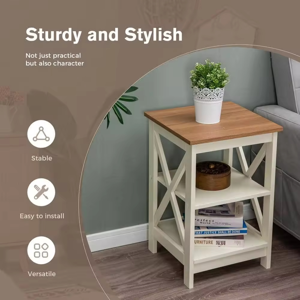 Modern 3-Tier Side Table Nightstands Factory ODM/OEM White MDF Accent Square End Table with Metal Frame for Farmhouse Bedroom