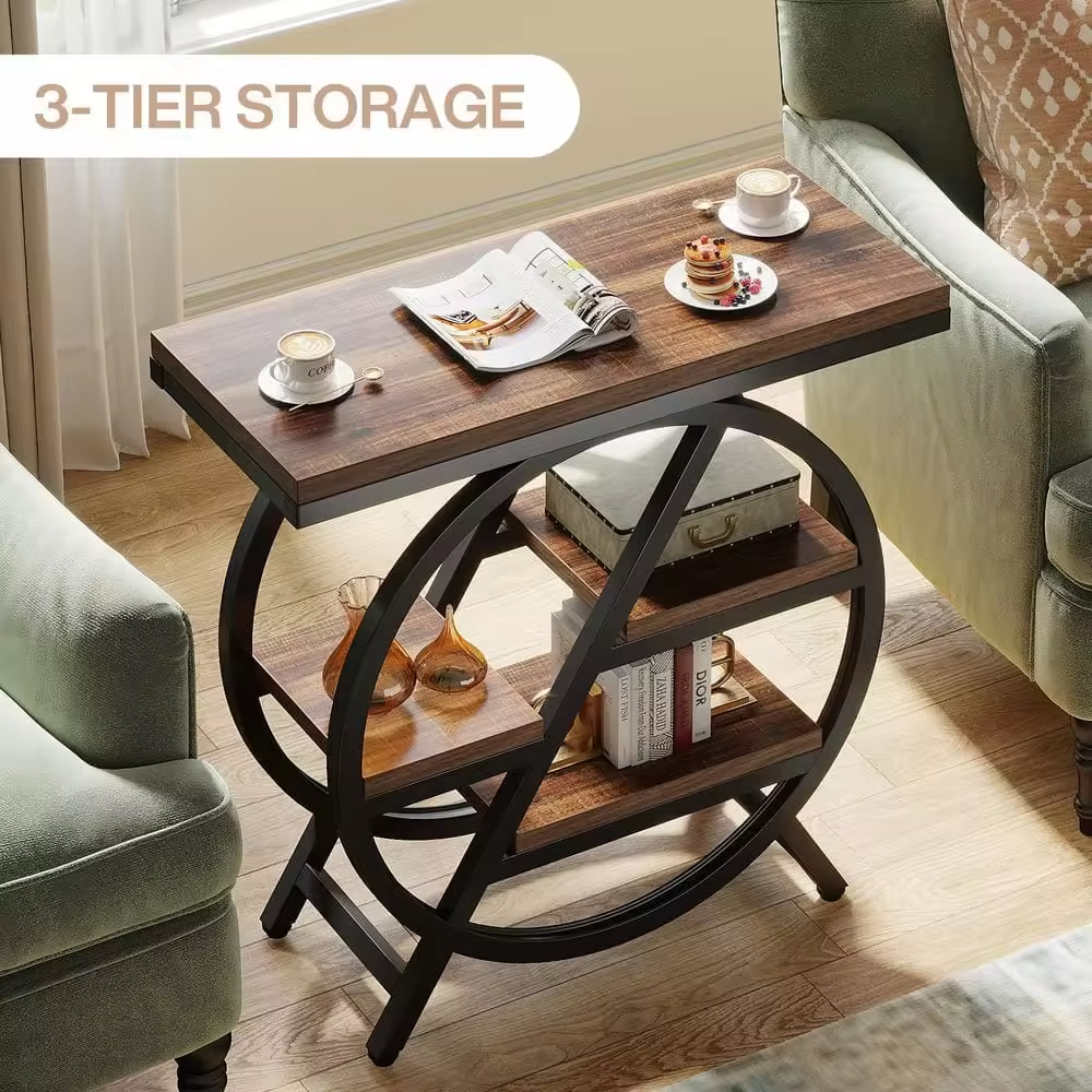 Custom 26 In. Brown Rectangle MDF End Table with Storage 3-Tier Narrow Side Table for Living Room and Bedroom Nightstand