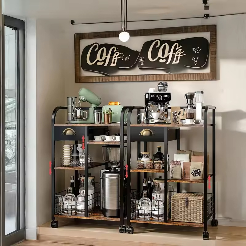 3-Tier Adjustable Vintage Steel & Wood Tool Storage Rack with Rotating Design and Mobile Wheels