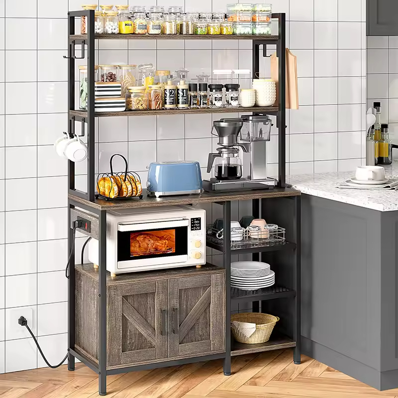 Factory Custom Large Capacity Metal and Wooden Kitchen Storage Rack Kitchen Coffee Bar with Storage Cabinet
