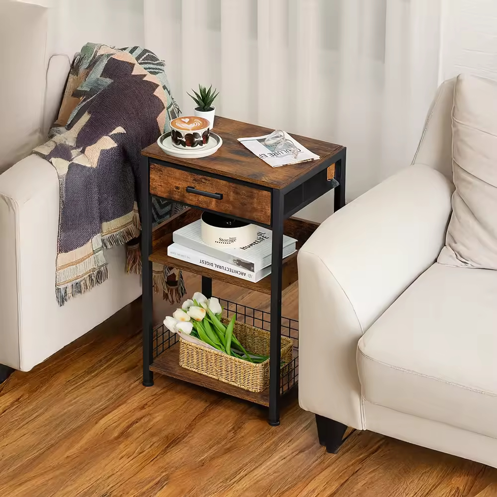 Modern Convertible Solid Wood 3-Tier Nightstand with Fabric Drawer and Tall Storage Bedroom End Table Vintage Brown