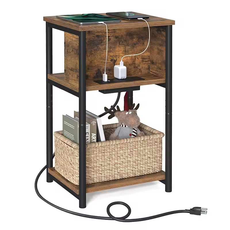 Modern 3-Tier 3-Port Solid Wood USB Charging Nightstand Side Table Plug-in Outlets Living Room Bedroom End Table Charging