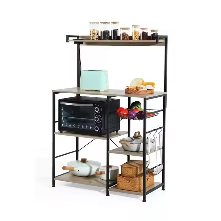 Wholesale 6-Tier Metal Wood Combined Kitchen Storage Rack Power Outlet Baker Rack for Kitchen Islands & Carts