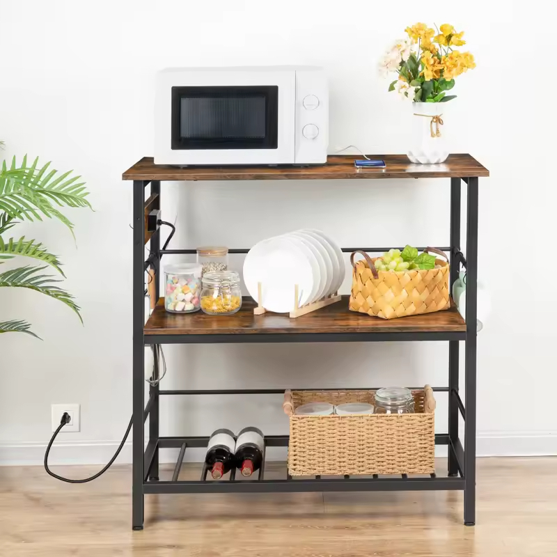 Customizable 3-Tier Kitchen Organizer Rack LED Strip Wood&Metal Storage Rack Featuring Power Outlet Hooks Standing Type
