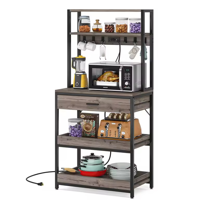 OEM/ODM Freestanding Kitchen Storage Shelf Baker's Rack Power Outlet for Microwave Oven Coffee Bar Cabinet Kitchen Islands Carts