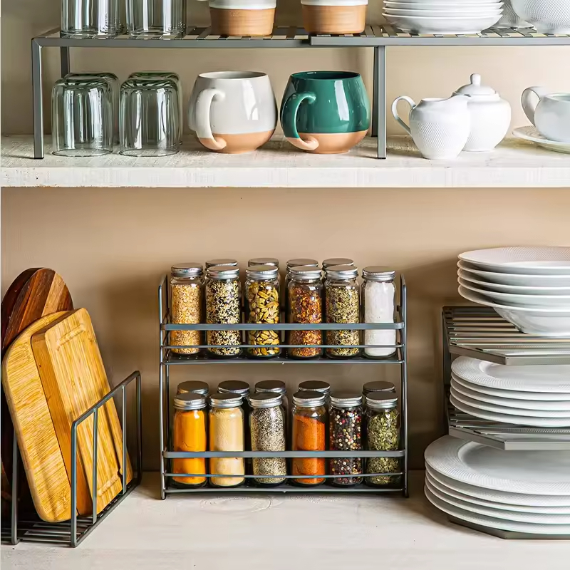 Hot-Selling Eco-Friendly Carbon Steel Floor Type Single-Tier Seasoning Rack Home Kitchen Storage Shelf Organizer with Spice Rack