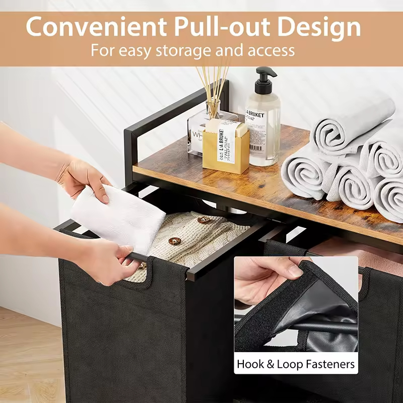 Factory Custom Rustic Double-Tier Waterproof Laundry Basket Removable Compartments Steel Wood Construction Storage Baskets