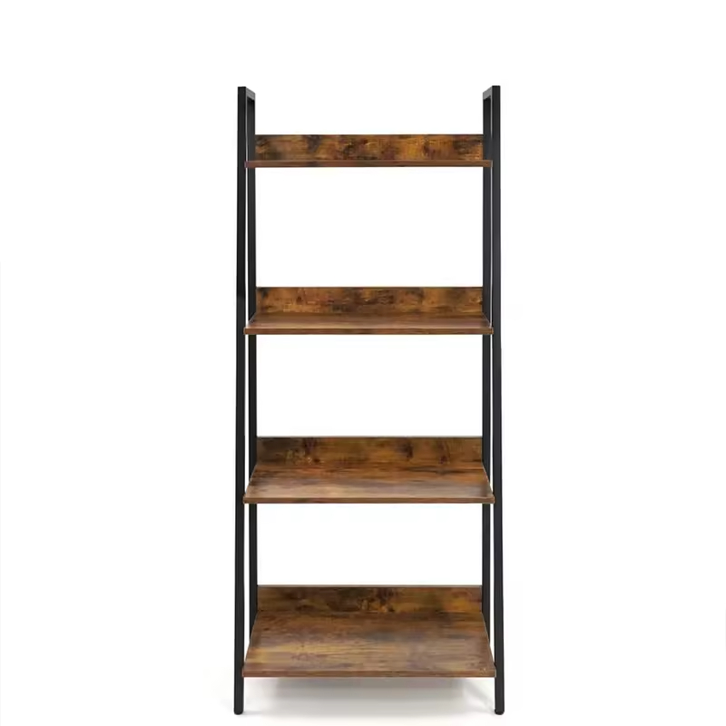 Factory ODM OEM Office Organizer 4-Shelf Ladder Bookcase with Wood & Metal for Living Room Office Balcony Kitchen Storage