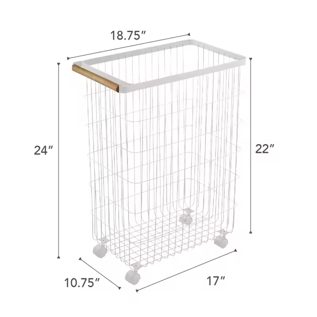 Factory Custom Home Slim Rolling Laundry Basket Hamper Steel + Wood Rolling Laundry Storage Basket With Ring Handles