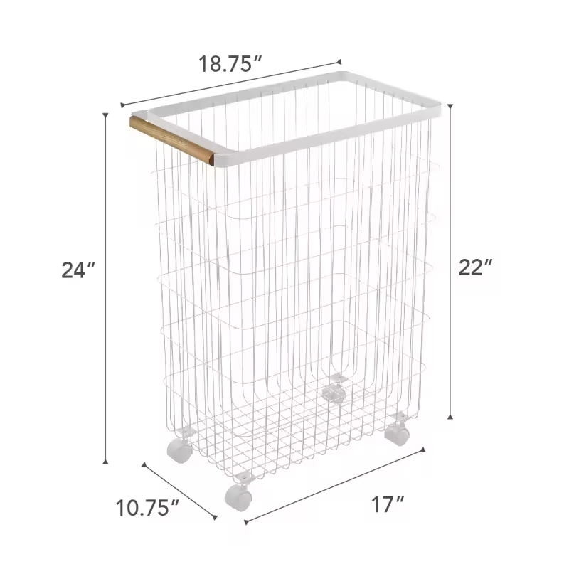 Factory Custom Home Slim Rolling Laundry Basket Hamper Steel + Wood Rolling Laundry Storage Basket With Ring Handles
