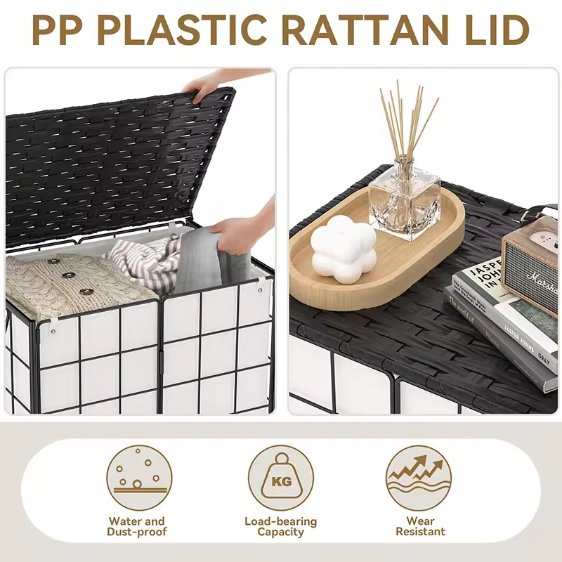 95L Laundry Basket with Lid & Wheels Iron Wire Hamper Removable Fabric Bag for Hotel Hospital Dorm Laundry Room Black/Beige