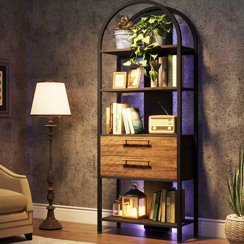 ODM OEM D11.8 H70.86 W27.55 Inch Tall 4-Shelf Standard Bookcase Bookshelf with 2-Drawers and LED Light Factory Direct