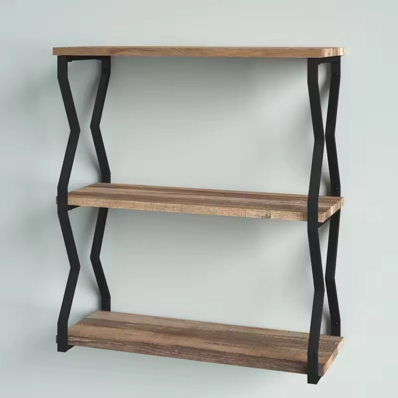 Factory Customizable 3-Piece Live Edge Antique Wood and Metal Storage Shelf Wall-Mounted Bookshelves