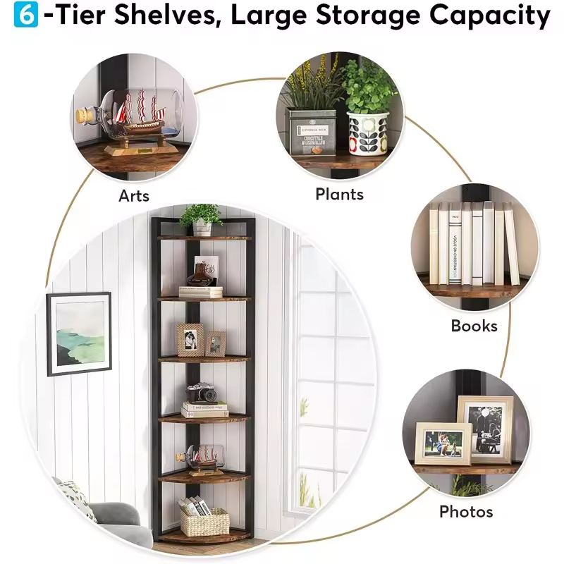 Custom Heavy-Duty 6-Tier Corner Bookcase with 6-Layer Storage Shelves Tall Thin Bookcase Rack for Efficient Space Utilization