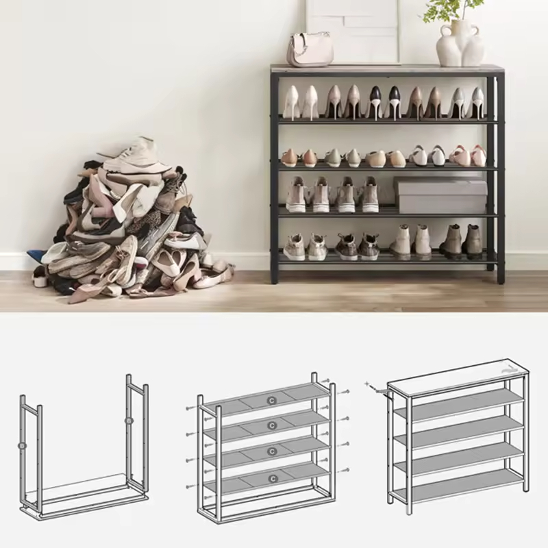 Custom 5 Tier Shoe Rack Organizer with Metal Frame and Wood Top Metal Mesh Shoe Storage Shelf Shoe Organizers