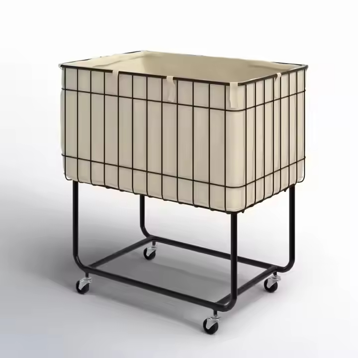 OEM ODM Factory Metal Deep Set Wire Basket Storage Cart Fabric Lining for Kitchen Food Bathroom Beverage Rolling Laundry Basket