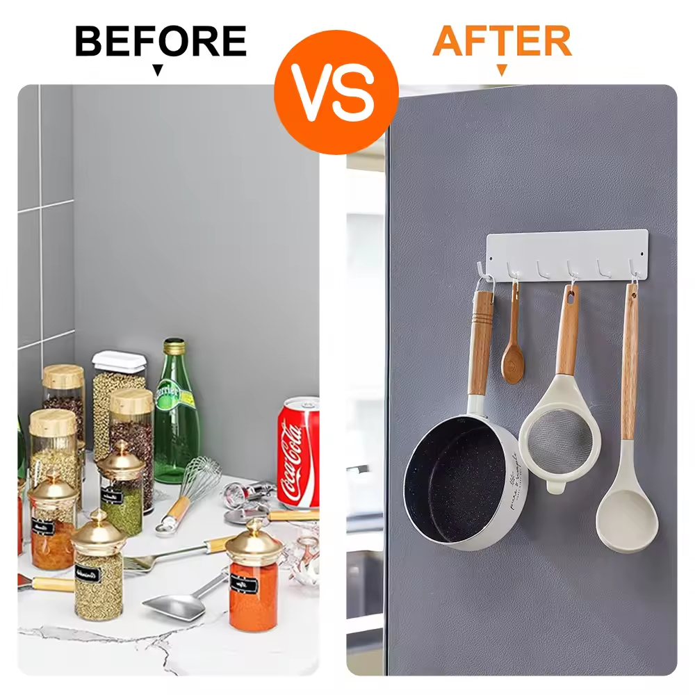 Custom Detachable Metal Magnetic Refrigerator Spice Rack Wall Mounted 6 Hooks and Shelves for Kitchen and Stove