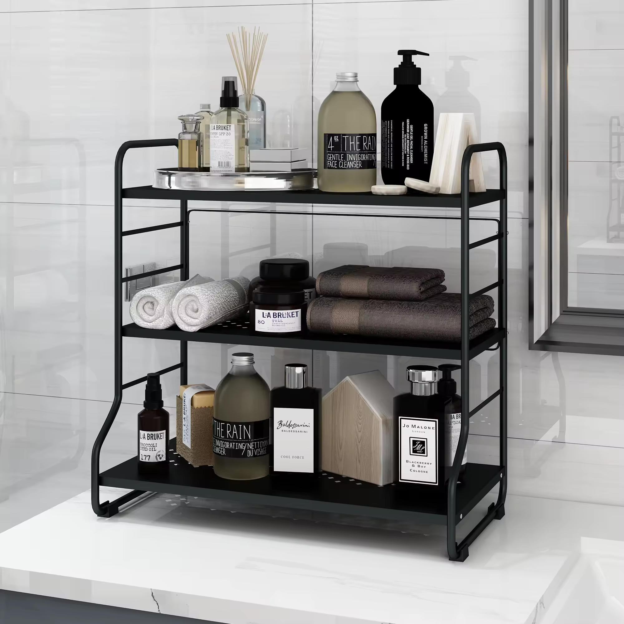 Customizable 3-Tier Black Metal Countertop Storage Rack Adjustable for Kitchen Living Room Factory's Freestanding Storage