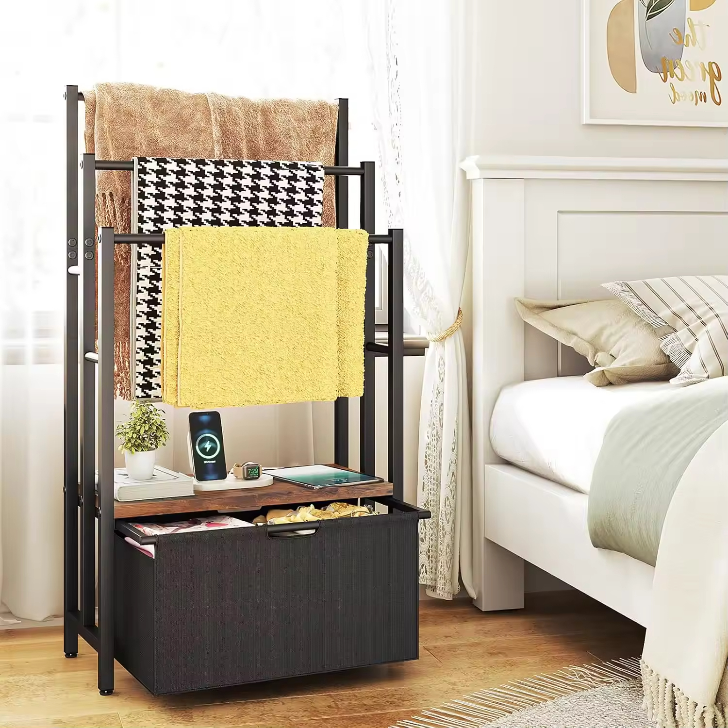 3-Layer Freestanding Indoor/Outdoor Metal Towel Rack with 2 Detachable Storage Baskets and 6 Hooks Also Features Blanket Rack