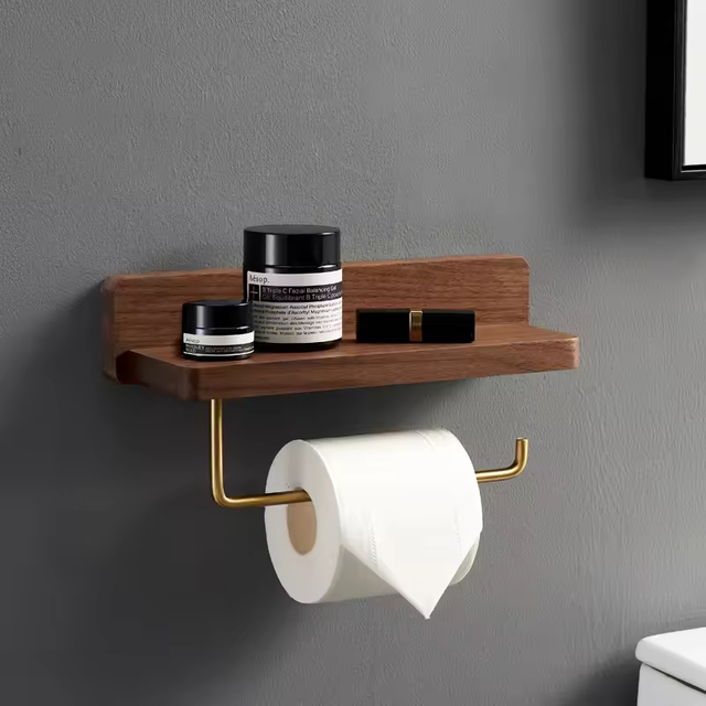 Creative Solid Wood Toilet Paper Holder with Steel Storage Rack Customizable Color Bathroom Rack with Hook Modern Durable Design
