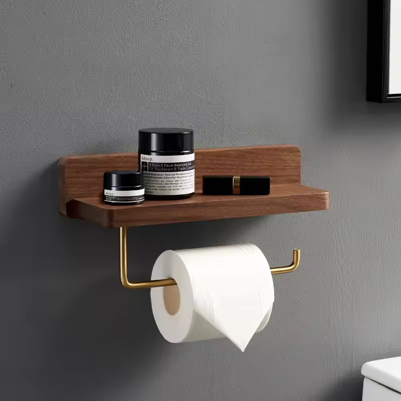 Creative Solid Wood Toilet Paper Holder with Steel Storage Rack Customizable Color Bathroom Rack with Hook Modern Durable Design