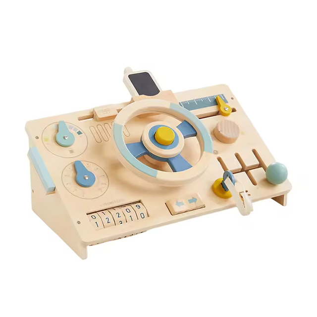 Wooden Modern Rectangle Driving Steering Wheel Toy Kids Busy Board Durable Early Educational Driver Pretend Play Set