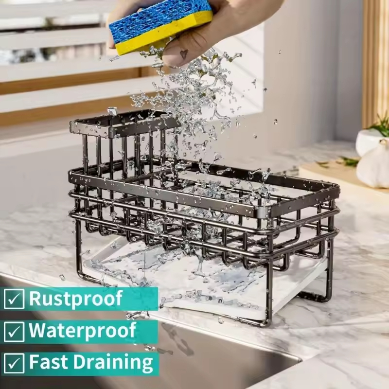 Manufacturer OEM Stainless Steel Kitchen Sink Organizer - Countertop Sponge Soap & Dishcloth Holder with Drainer Rack