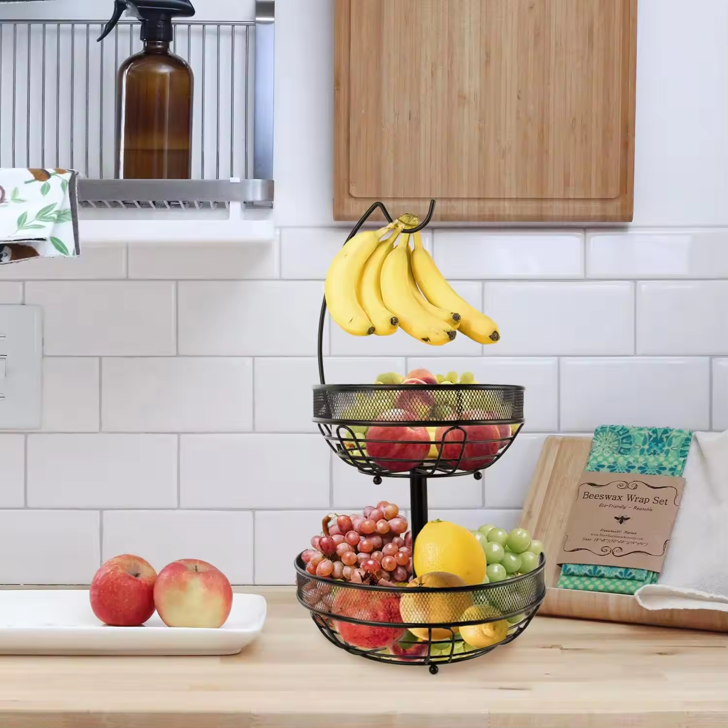 Custom 2-Tier Sturdy Metal Fruit and Vegetable Basket with Banana Hanger 2 Layers Kitchen Counter Fruit Bowls for Food Use