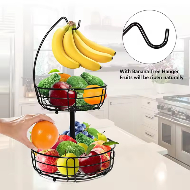 Custom 2 Tier Detachable High- Fruit Bowl With Banana Hanger for Kitchen Fruit Basket