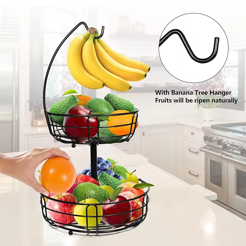 Custom 2 Tier Detachable High- Fruit Bowl With Banana Hanger for Kitchen Fruit Basket
