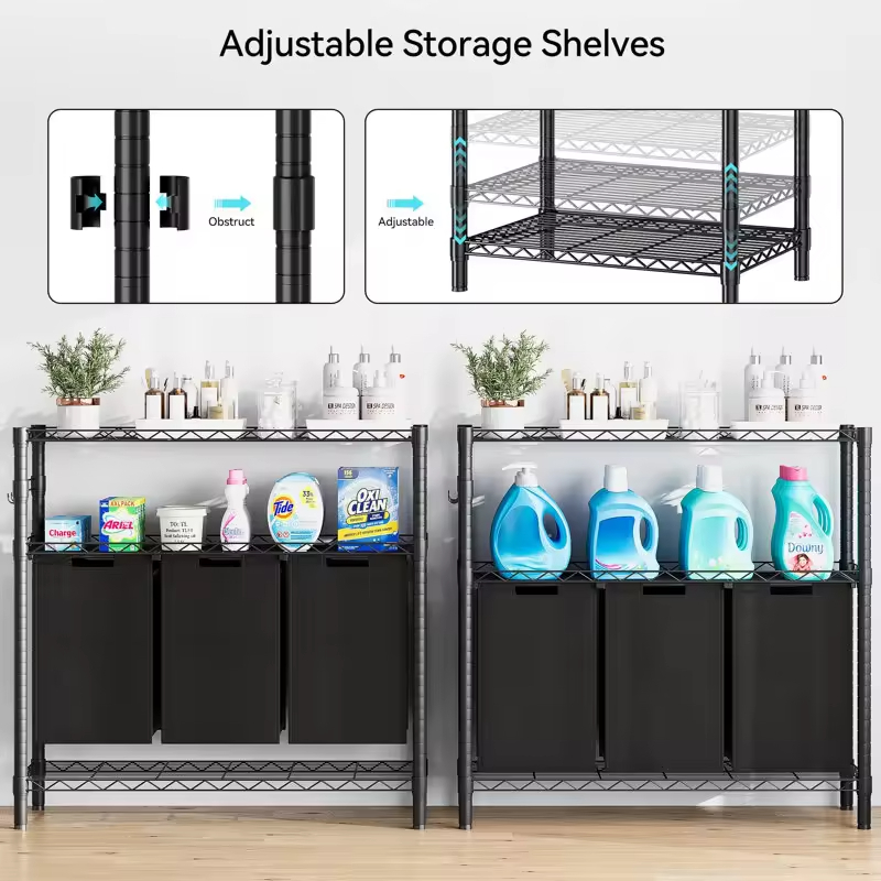 Factory Custom Bathroom Storage Metal Frame 3 Bags 2-tire Shelf Big-capacity Laundry Hamper