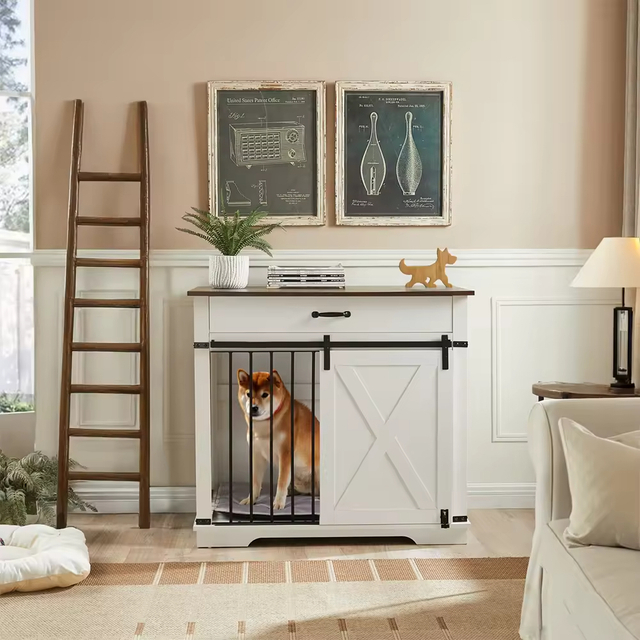 ODM OEM Large Heavy-Duty Wooden Dog Crate Barn Door 1 Drawer Vintage Style Standing Type Cleaning Tools for Larger Dogs