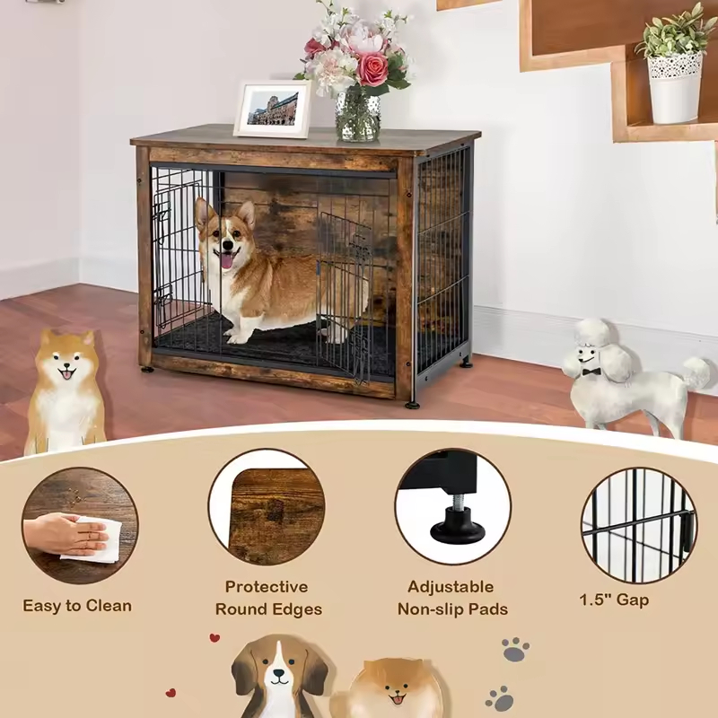 Factory Custom Modern Multifunctional Standing Type Dog Crate Furniture Pad Bed Double Doors Dog Kennel End Table Indoor