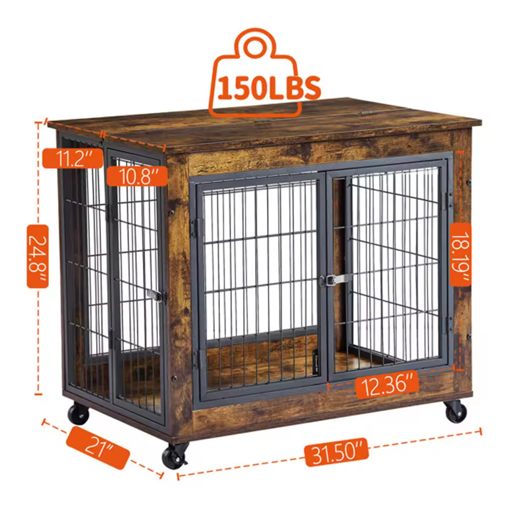 ODM&OEM Standing Type Dog Cage Crate Wooden Steel Furniture Style Double Doors with Wheels & Flip-up Top Opening for Tools Use