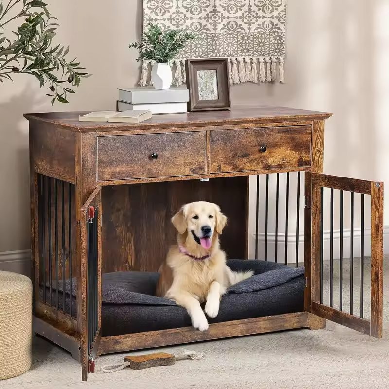 OEM & ODM Antique Color Steel Wood Dog Crate Furniture Standing Type Dog Cage with Drawers and Cleaning Tools
