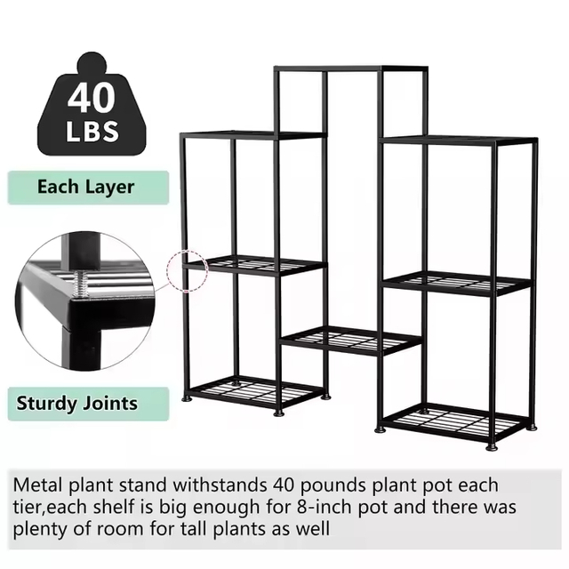 Customized Modern Eco-Friendly Indoor/Outdoor Tall Plant Shelf Black Wood Metal Multi-Tier with Stand for Flower Pots & Planters
