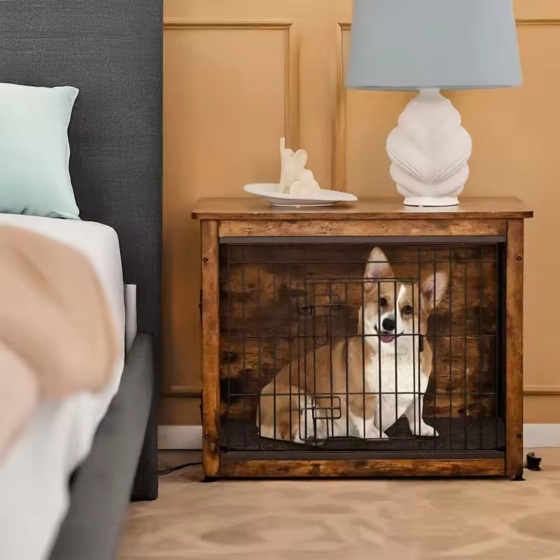 Factory Custom Modern Multifunctional Standing Type Dog Crate Furniture Pad Bed Double Doors Dog Kennel End Table Indoor