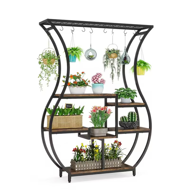Factory Custom Multi-tier Plant Stands with Hanger Powder Coated Wood & Metal Modern Design for Indoor Home Decoration