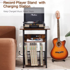Modern 3-Tier Solid Wood & Metal End Table Record Player Stand with Charging Station and Storage Cabinet for Bedroom