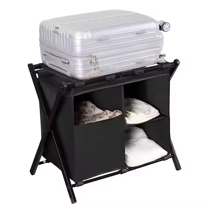 Custom Pack 2 Steel Folding Luggage Rack 3-Layered Double Tiers Storage Shelf Modern Standing Type Suitcase Stand
