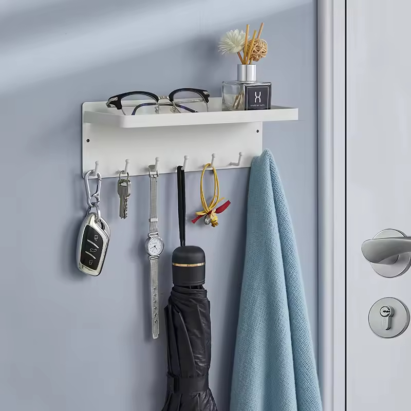 Manufacturer Wholesale Magnetic Seven Hooks Key Hanger With Tray Wall-mounted Hook Shelf Non-punch Storage Rack With Hooks