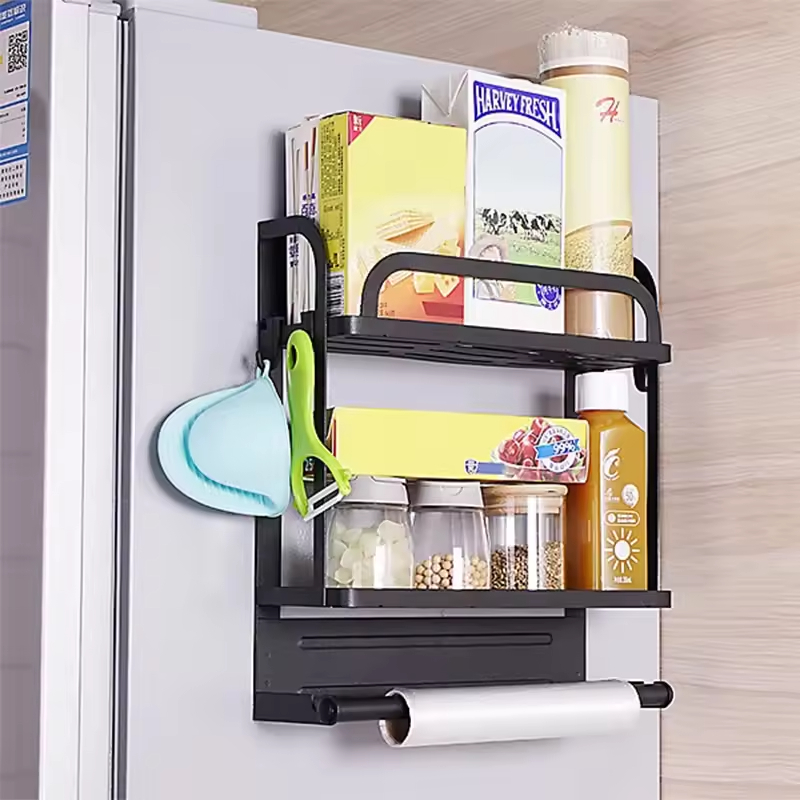 Single-Tier Kitchen Magnetic Refrigerator Storage Rack Wall-Mounted Hanger Shelf for Spices Metal Fridge Holder
