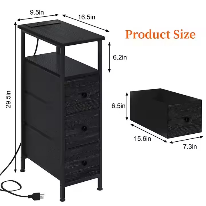Adjustable Modern Wooden Bedside Table 3 Fabric Drawers Dual USB Outlets for Bedrooms Guest Rooms Narrow Design Convenient