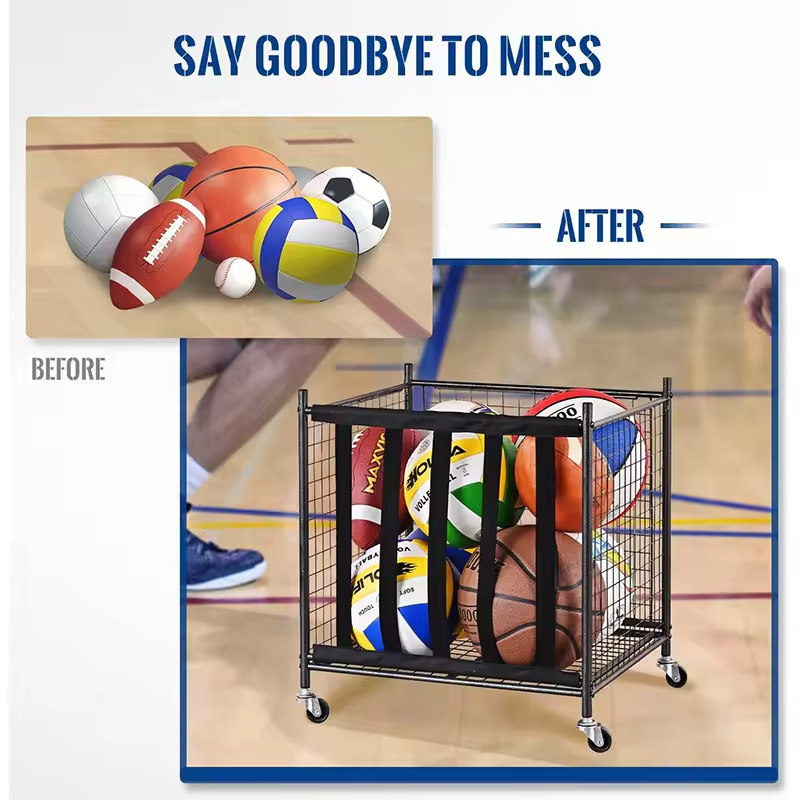 Factory Custom Metal Rolling Sports Ball Storage Cart Wheeled Lockable Heavy-Duty Garage Organizer Carbon Steel Detachable